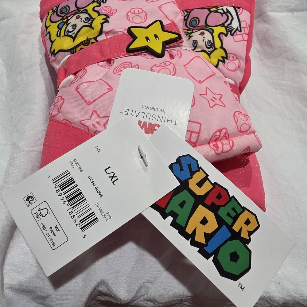 Princess‎ Peach Girls Ski Snowboard Gloves L/XL Super Mario 3M Official Nintendo